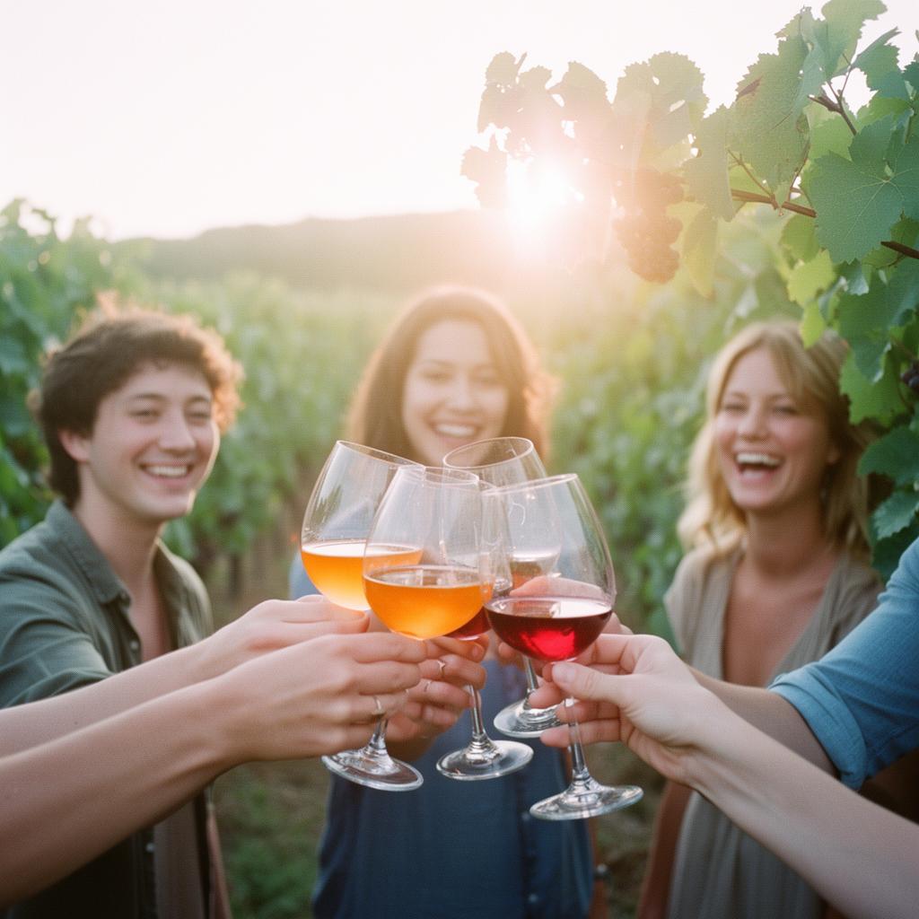 Drei Freunde stossen mit Naturweingläsern im Weinberg im goldenen Abendlicht an